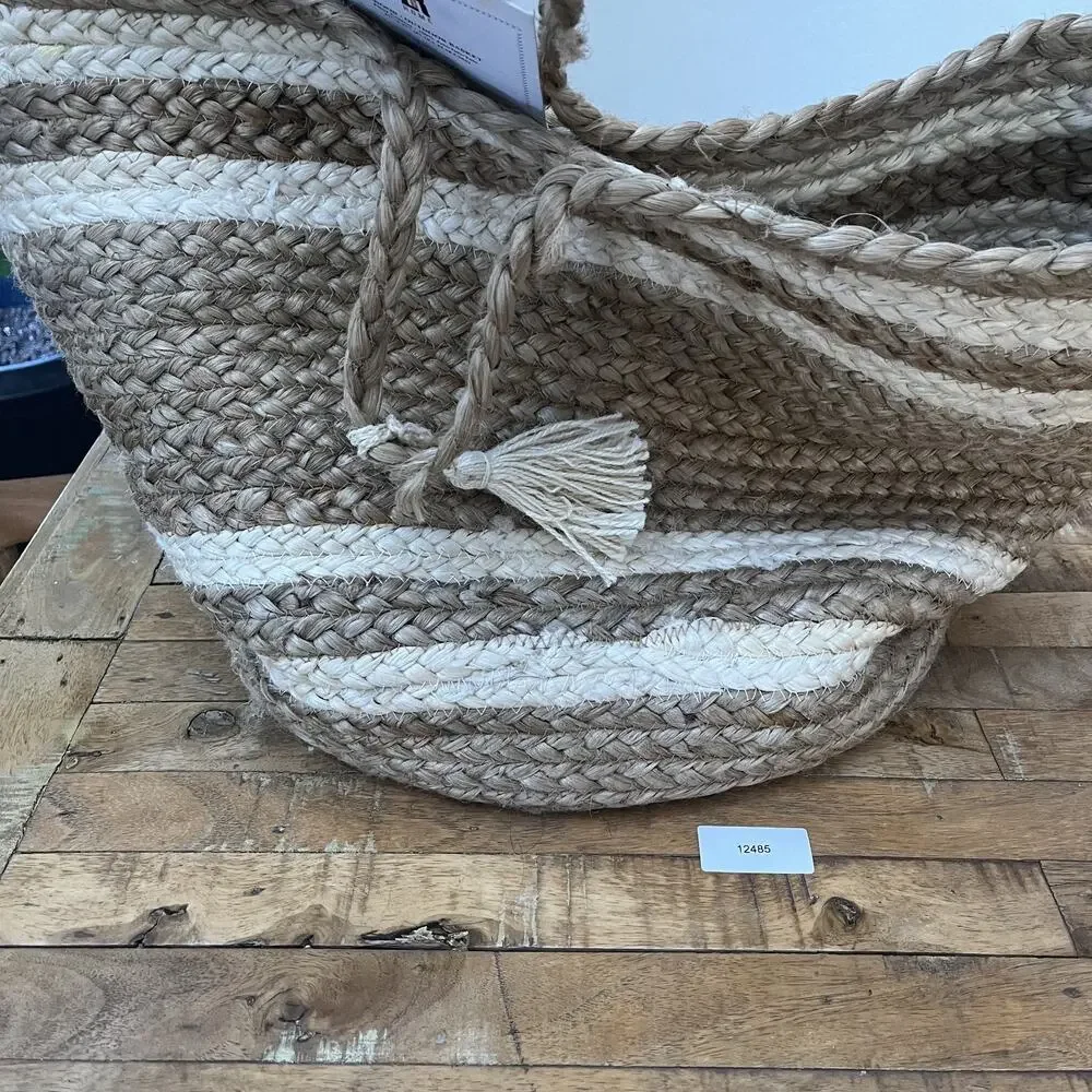 LR Home Natural Beige Jute Striped Storage Decorative Basket